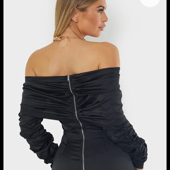 Black pleated satin shoulder midi dress - Picture 1 of 3